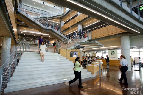 The airy, modern design of Georgia Tech's Clough Undergraduate Learning Commons appealed to the movie's location scouts, who chose it to represent Google's headquarters in many scenes.