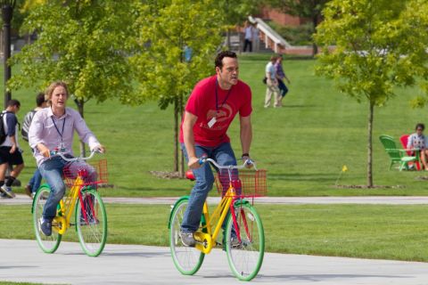 This scene with Wilson, left, and Vaughn reflects Google's famous bicycle culture. The company keeps some 1,300 bikes at its Mountain View campus -- about one for every five employees -- including multicolored models dubbed "clown" bikes.