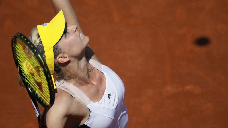 Russia's Maria Kirilenko serves to Belarus' Victoria Azarenka during their quarterfinal match at the French Open at the Roland Garros stadium in Paris on Wednesday, June 5. Azarenka beat Kirilenko 7-6(3), 6-2.