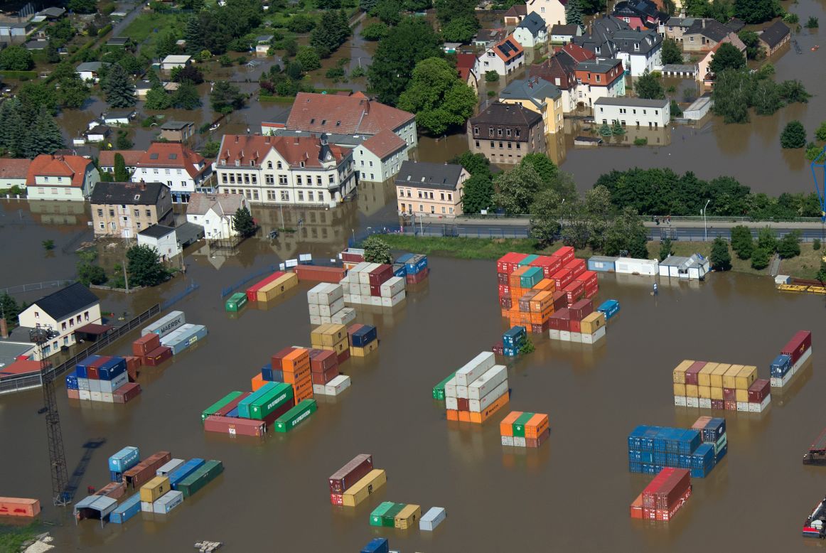 A flood container storage facility in Riesa, Germany, on Wednesday, June 5.