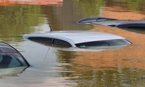 Submerged cars peak out of the flood in Deggendorf, Germany.