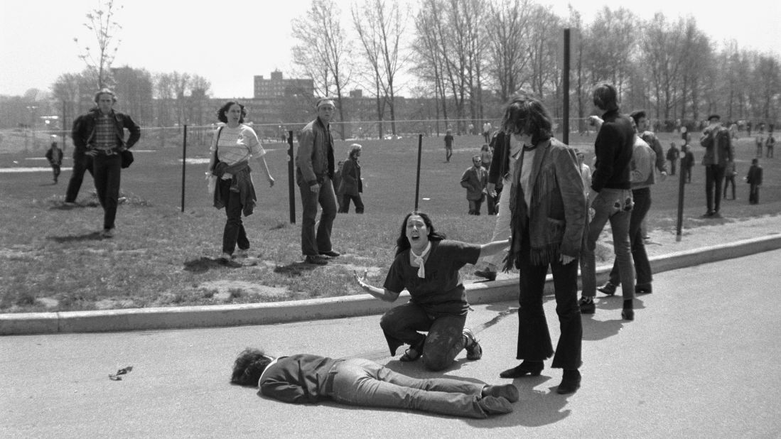 Mary Ann Vecchio kneels over the body of student Jeffrey Miller during an anti-war demonstration at Kent State University in Ohio on May 4, 1970.