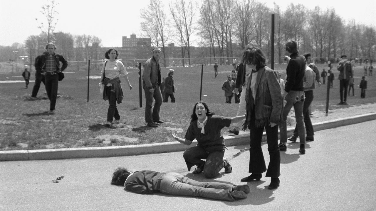 Four students were killed when Ohio National Guard troops fired at demonstrators at Kent State.