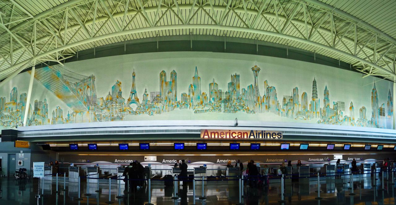 "Skyline of the World" is a 121-meter-long mural by New York artist Matteo Pericoli that combines New York landmarks with iconic buildings from around the globe. It can be seen at the American Airlines terminal at New York's JFK Airport. <br />