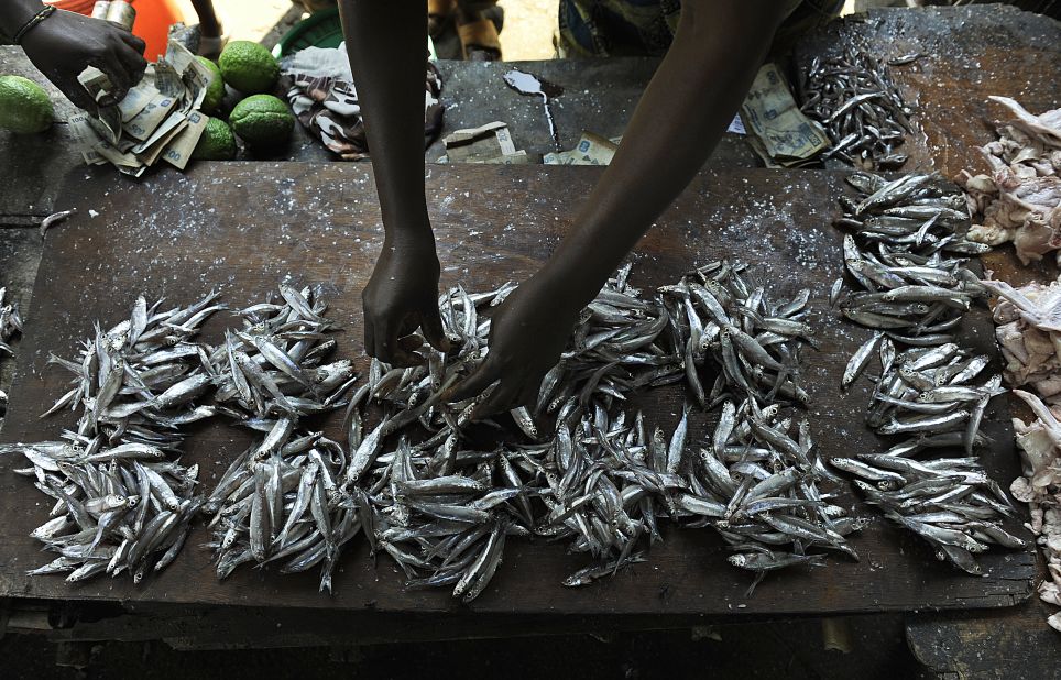 A Congolese woman arranges fish into clusters to sell at her stand in the southeastern Kivu province.