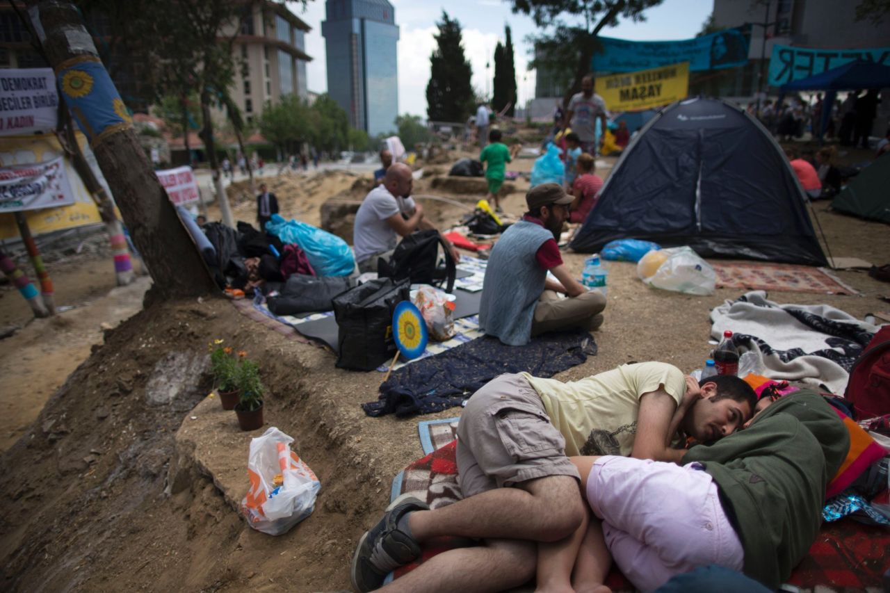 Protestors spend their day at Gezi Park on June 6.  