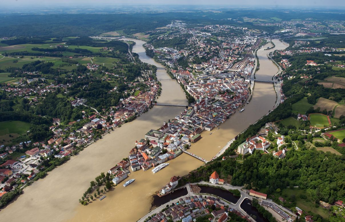 The Inn, left, and Danube rivers flood parts of the historic city of Passau, Germany, on Thursday, June 6.