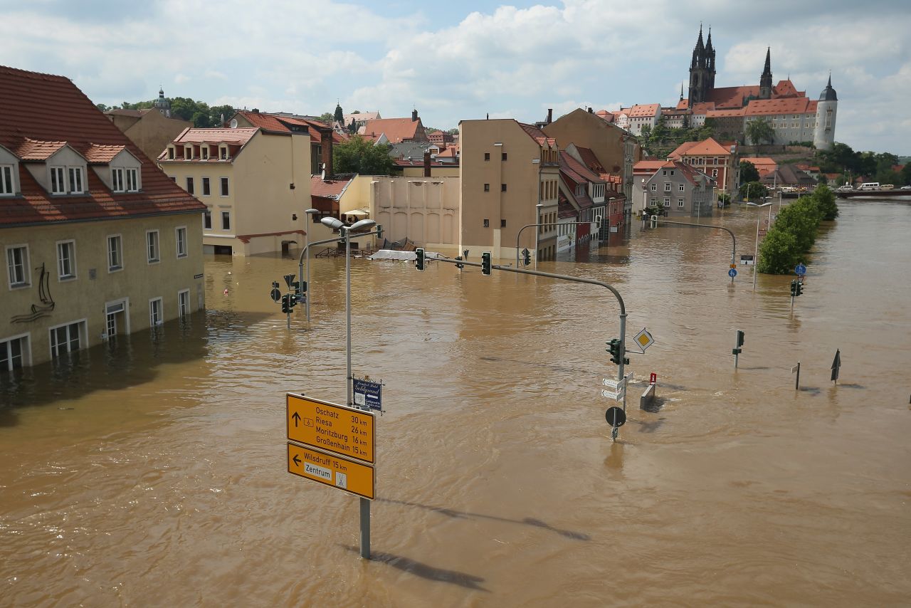 The Elbe floods the historic city center of Meissen, Germany, on June 6.  