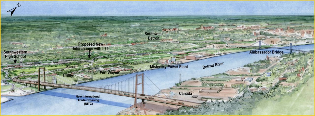 An artists rendering of the New International Trade Crossing between Windsor, Ontario, and Detroit, Michigan. The $950 million project aims to increase opportunities for businesses and entrepreneurs in both Canada and the U.S.