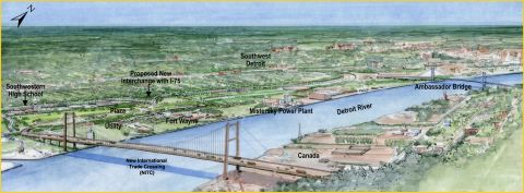 An artists rendering of the New International Trade Crossing between Windsor, Ontario, and Detroit, Michigan. The $950 million project aims to increase opportunities for businesses and entrepreneurs in both Canada and the U.S.
