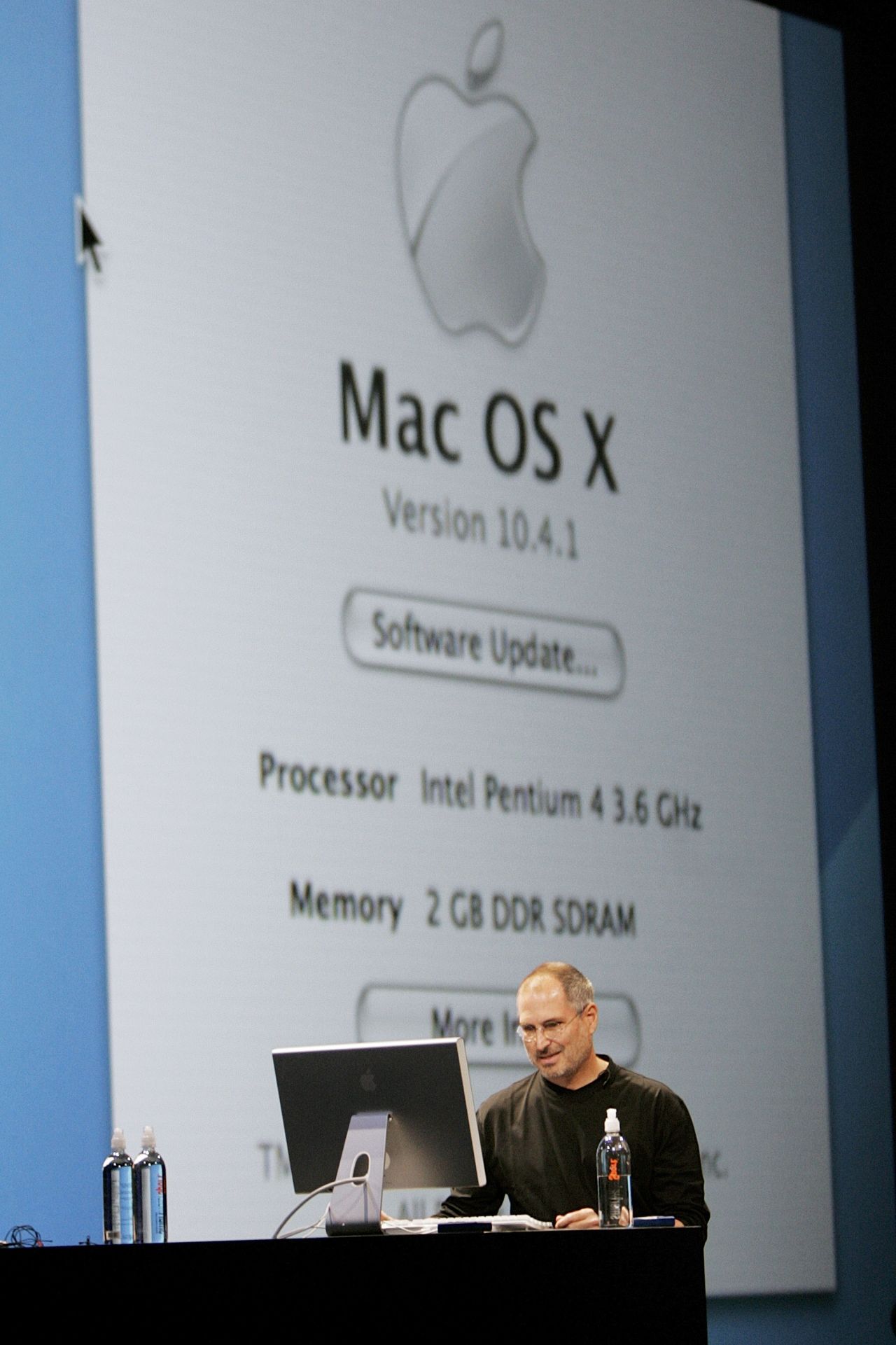Jobs opened his 2005 WWDC keynote by using a computer with an Intel processor, representing Apple's switch from IBM to Intel for its processing chips. 
