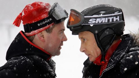 Medvedev and Putin ski together in Krasnaya Polyana in January 2010.