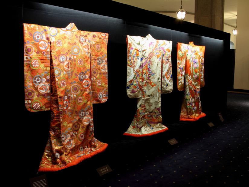 Kimono exhibition at the Sao Paulo State Government Palace, organized in celebration of the 105th anniversary of Japanese immigration to Brazil. The first settlers came to escape poverty in Japan and work on Brazil's coffee plantations which were in need of laborers after the abolition of slavery.