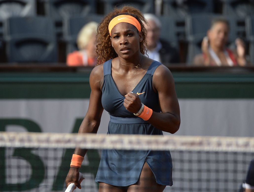 Serena Williams of the United States reacts after a point against Italy's Sara Errani during their French Open semifinal match on Thursday, June 6. Williams beat Errani 6-0, 6-1.