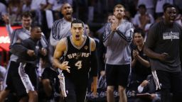 Danny Green of the San Antonio Spurs celebrates a three-point basket against the Miami Heat during Game 1 of the 2013 NBA Finals in Miami on Thursday, June 6. The Spurs defeated the Heat 92-88.