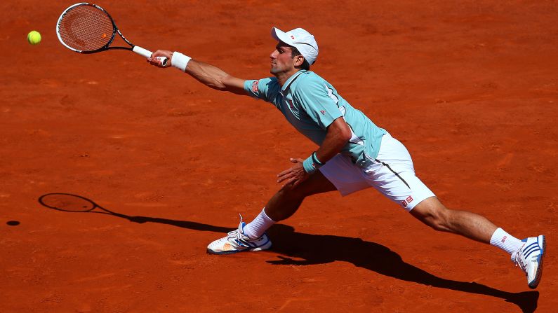 Djokovic plays a forehand against Nadal on June 7. 