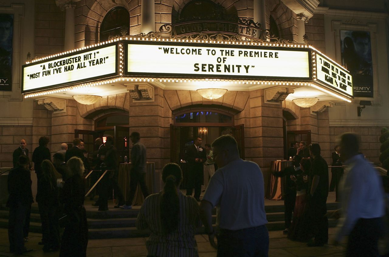 Shown here is the September 2005 premiere of "Serenity" at Universal Studios in Los Angeles, California. The film was based upon the much-beloved "Firefly" series, which is often labeled a "space western" for its incorporation of elements from science fiction and Western genres. It received an Emmy Award for Outstanding Special Visual Effects for a Series in 2003. The series first launched in 2002, but lasted only a short time.