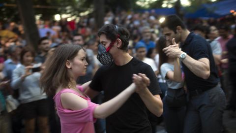 Protestors dance at Gezi Park in Taksim Square on Thursday, June 6.
