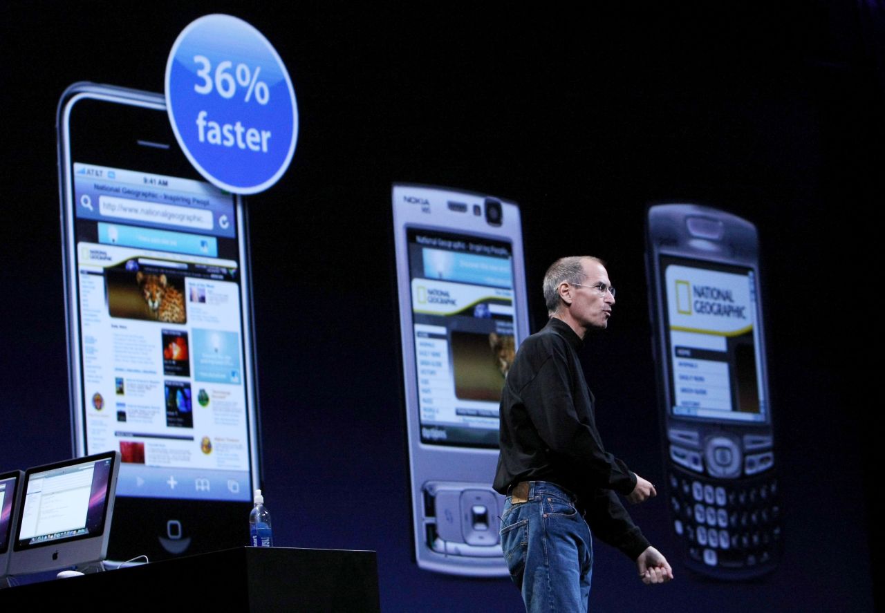 Apple CEO Steve Jobs launched the iPhone 3G, and compared it to other phones, at the 2008 WWDC. He also introduced the App Store, which would open to the public the next month and has served more than 50 billion downloads to date.