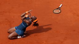 Serena Williams of the United States celebrates match point against Maria Sharapova of Russia during their women's singles final match of the French Open at Roland Garros in Paris on Saturday, June 8. Williams won 6-4, 6-4.
