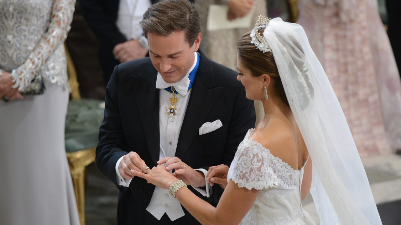 Princess Madeleine of Sweden and Christopher O'Neill exchange rings during the wedding ceremony.