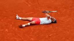 Rafael Nadal of Spain reacts after getting match point against David Ferrer of Spain during the men's singles final match of the French Open at Roland Garros Stadium in Paris, on Sunday, June 9. Nadal won 6-3, 6-2, 6-3