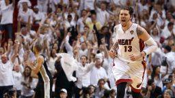 Mike Miller of the Miami Heat reacts after making a three-pointer in the fourth quarter against the San Antonio Spurs during Game 2 of the 2013 NBA Finals on Sunday, June 9, in Miami. The Heat defeated the Spurs 103-84 to tie the series 1-1. See photos from Game 1.