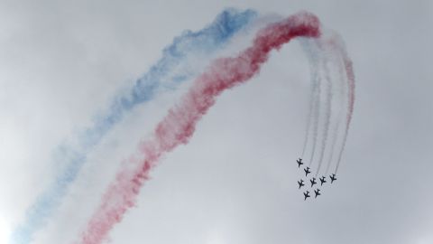 The Patrouille de France acrobatic team performs a flying display at the Paris International Airshow on June 24, 2011.