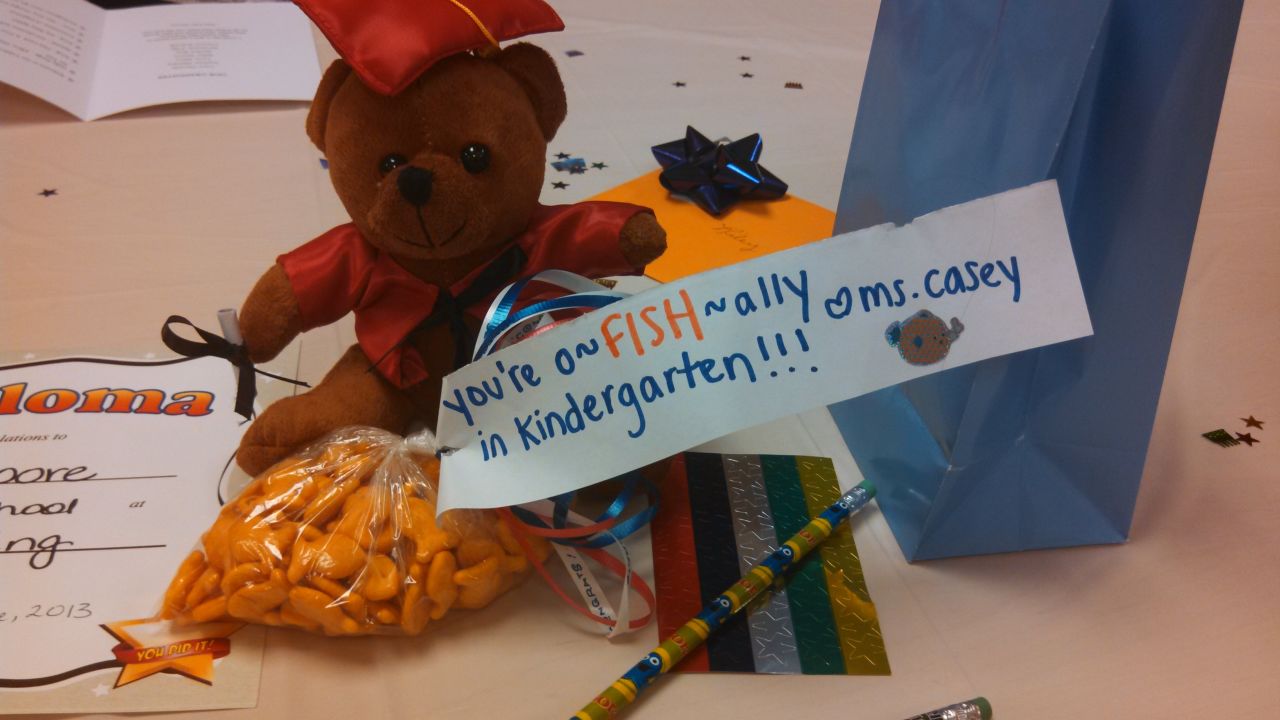 Riley Haywood received this gift bag -- teddy bear, pencil, stickers, goldfish and punny note all included -- from his preschool teacher as congratulations on his graduation. 