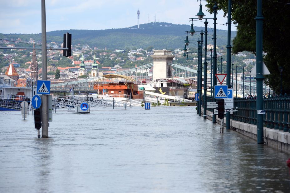 The embankment at the Pest side of Budapest is flooded on June 10. Emergency services and volunteers worked through the night in Hungary as floodwaters threatened towns and villages.