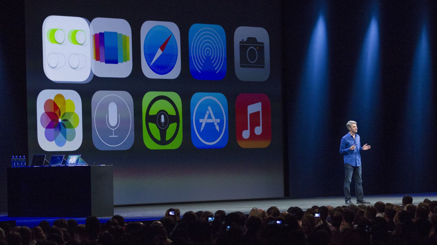 Apple's Craig Federighi introduces iOS 7 in June in San Francisco.