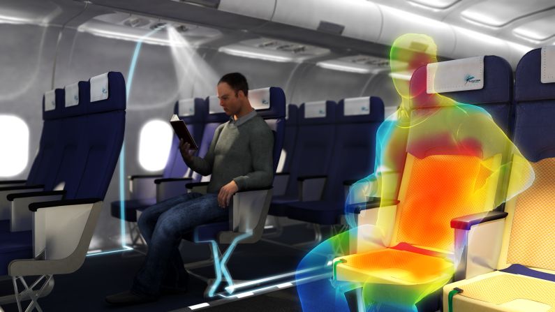 Airbus has long toyed with the idea of implementing body-heat harnessing technology. Seats lined with a thermoelectric fabric could convert passenger temperature into electricity, which could in turn charge small electronics, or even the cabin lights. Airbus' Dale King admits the idea is a long way off, but concedes it "has potential."<br /> 