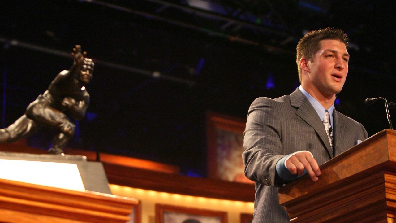 Tebow speaks after he was presented with the Heisman Trophy in December 2007. He was the first sophomore to win the Heisman.