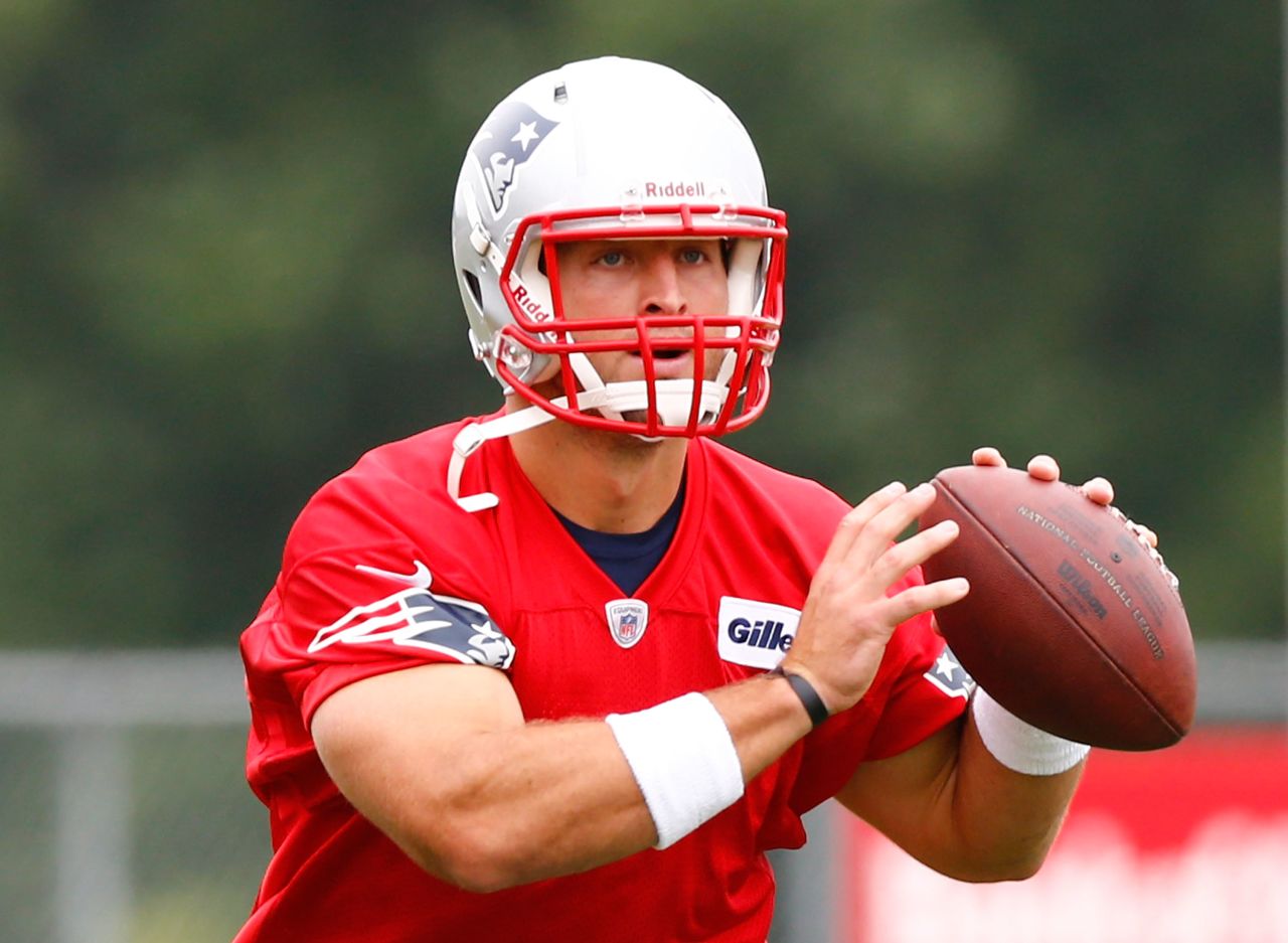 Tebow practices with the Patriots in 2013. He didn't make the team's final roster for the regular season.