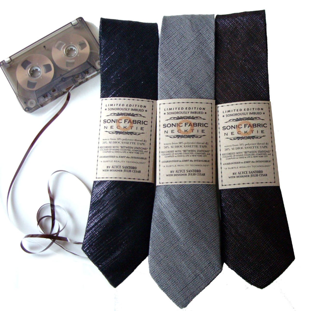 Artist and sound designer Alyce Santoro has released a range of sonic fabric neckties, in collaboration with fashion designer Julio Cesar. The ties are made of old cassette tape and can be played with a converted tape player. 