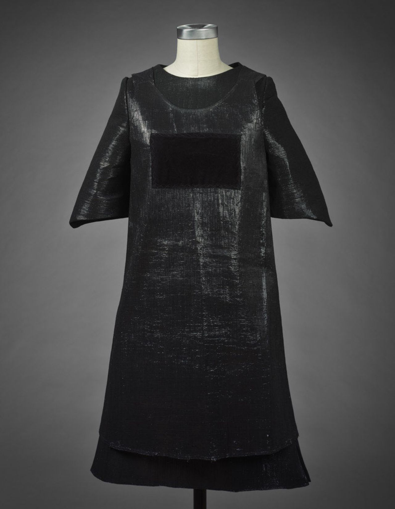 Sonic fabric 'voidness dress,' a one-piece A-line dress with a patch of velvet (or 'voidness') on the front. The velvet is the only part of the garment which cannot emit sound.