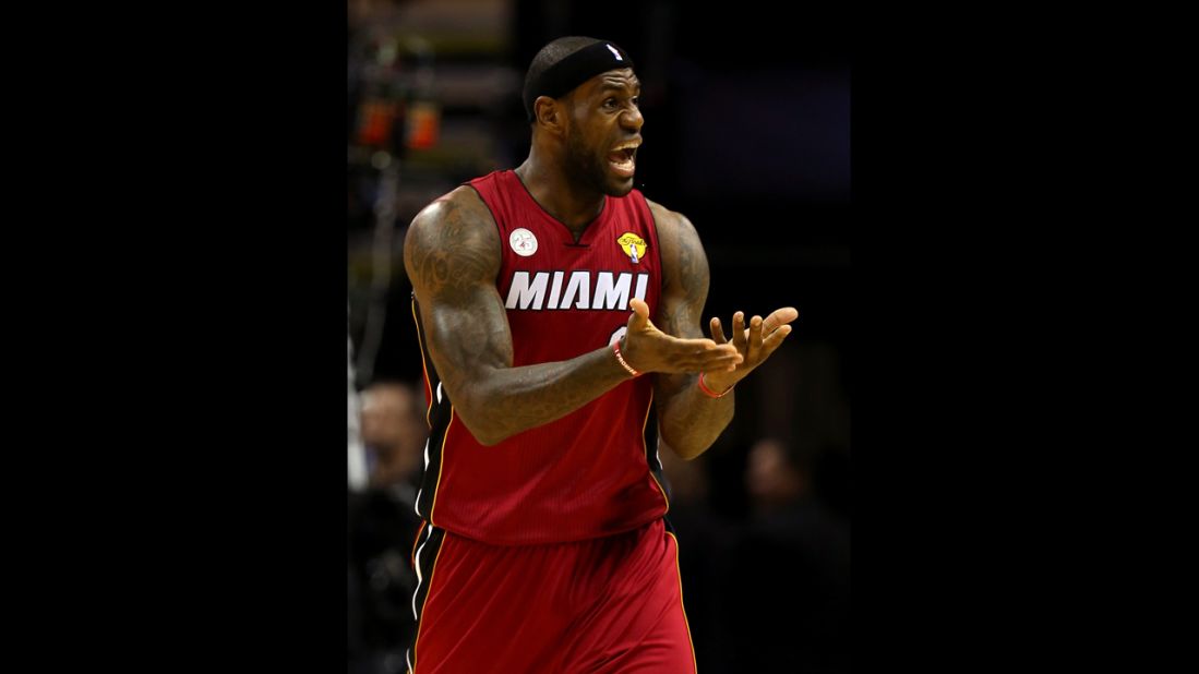 LeBron James of the Miami Heat reacts after a call in the first quarter against the San Antonio Spurs.