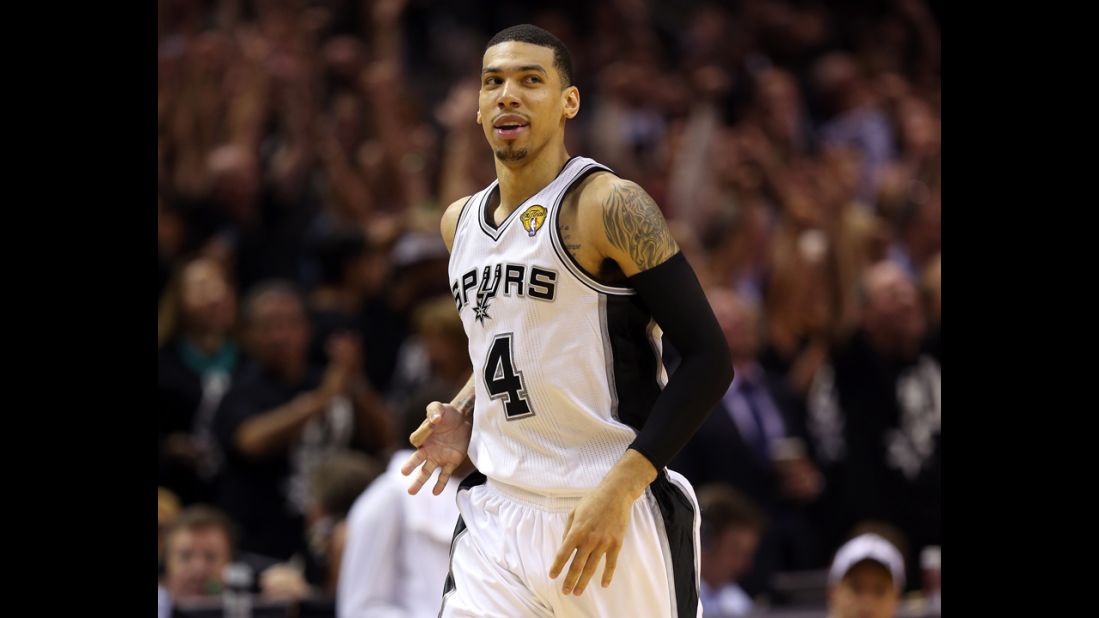 Danny Green of the San Antonio Spurs reacts after making a three-pointer. Green has hit 12 straight threes going back to Game 2 and finished with 27 on the night.