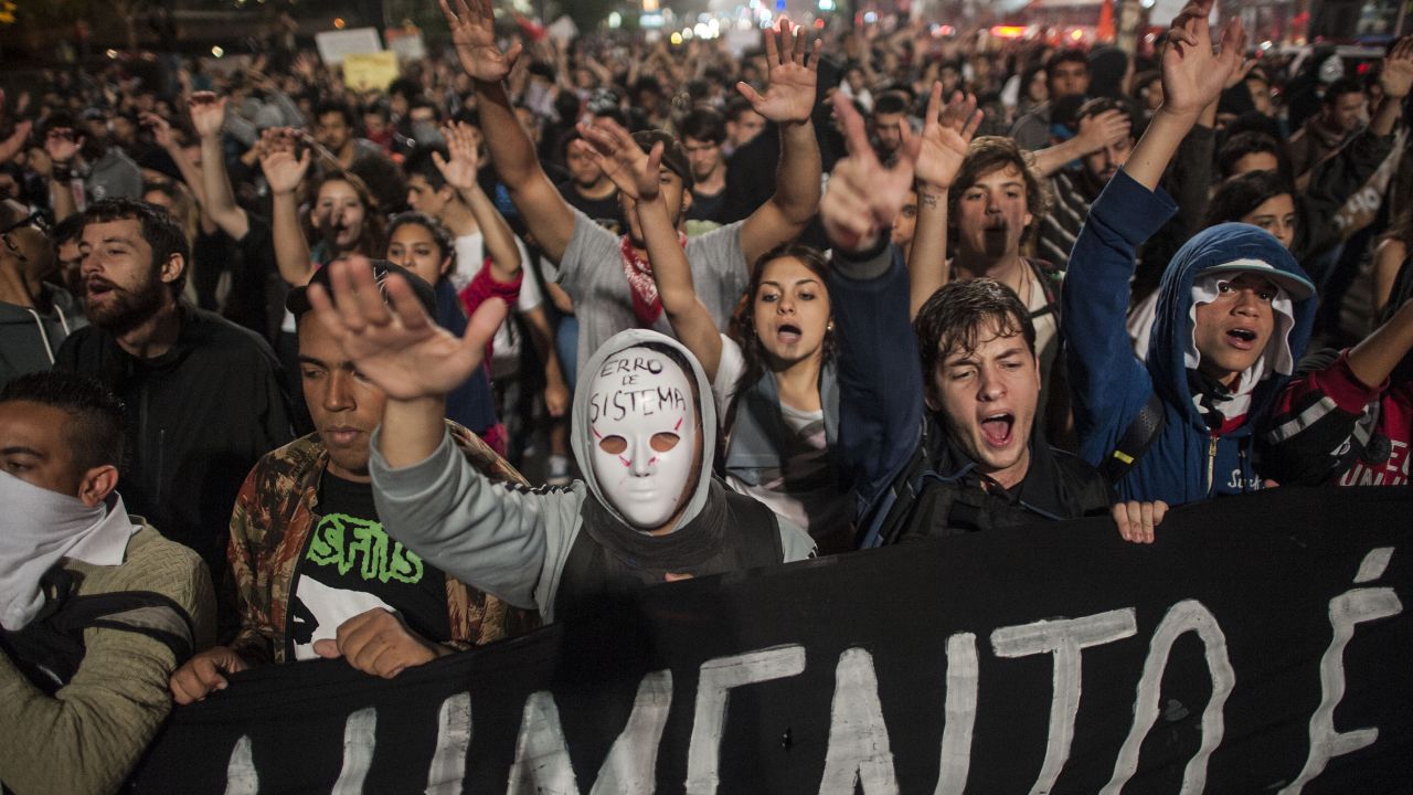 Students protest against the rise in public bus and subway fares in Sao Paulo on Tuesday.