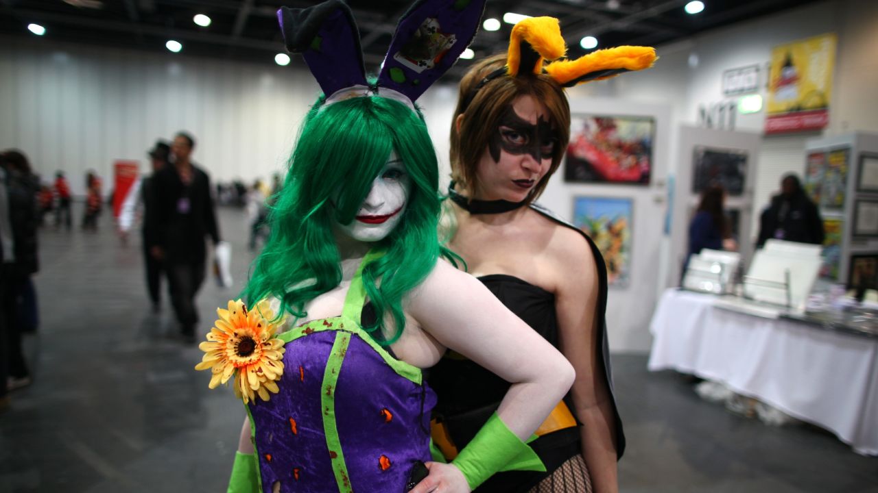 Female cosplayers at a Comic Con. 