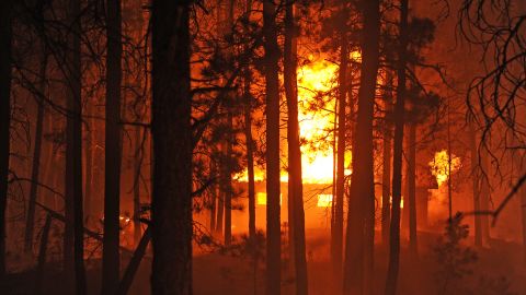 A house burns late in the evening on Tuesday, June 11, northeast of Colorado Springs.