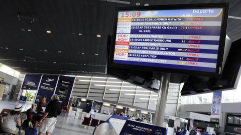 A screen announces canceled flights on June 11, 2013 at Montpellier's airport as air traffic controllers kick off a three-day strike.