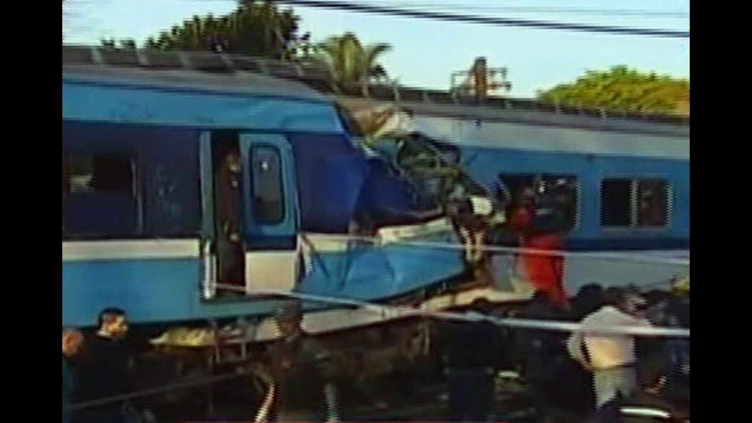 Two commuter trains collided in western suburb of Buenos Aires. CNN affiliate Canal 9 aired footage of the aftermath.