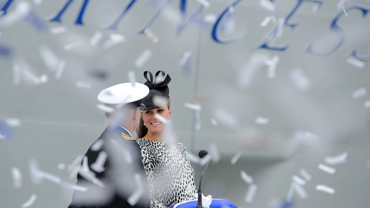 Catherine, the Duchess of Cambridge, and husband Prince William welcomed their first child on Monday, July 22. Last month she made her last solo appearance before the birth,<a href="http://www.cnn.com/2013/06/13/world/europe/uk-duchess-ship-naming/index.html"> to christen a cruise ship</a>. Here, ticker tape falls as Catherine officially names Princess Cruises' new ship Royal Princess in Southampton, England, on Thursday, June 13.