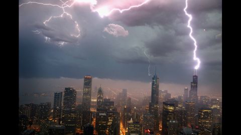 Lightning strikes the Willis Tower -- formerly known as the Sears Tower when it was built in the 1970's -- in downtown Chicago. A recession hit the U.S. shortly after. 