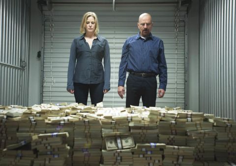 Walt and wife Skyler (Anna Gunn), a reluctant accomplice in his tenuous drug empire, visit a storage unit where she reveals to him a massive stack of unlaundered cash. "I want my life back," she pleads. "How big does this pile have to be?"