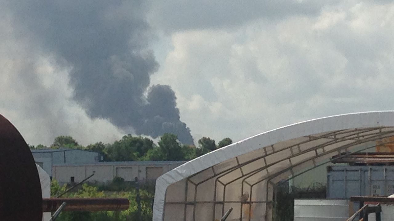 The plume of smoke from the explosion can be seen from a great distance. 