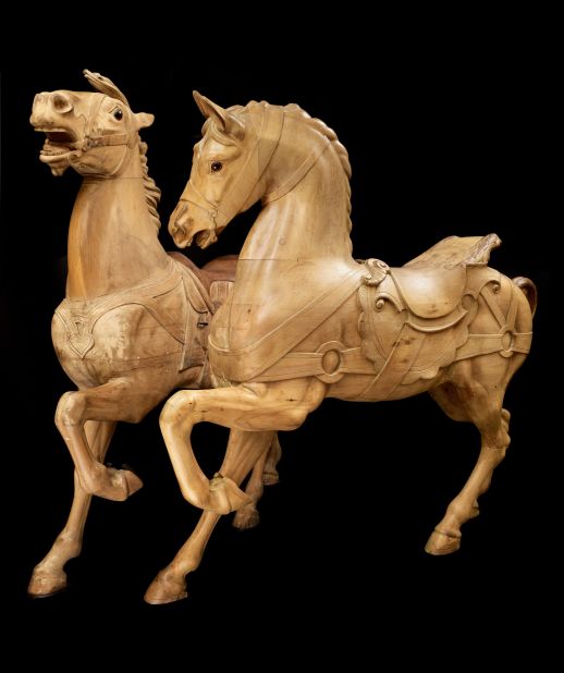 The rare artworks, including this wooden carving by German sculptors D. Muller and G. Denzel, come from a mixture of Chantilly's Condee Museum and private collections.