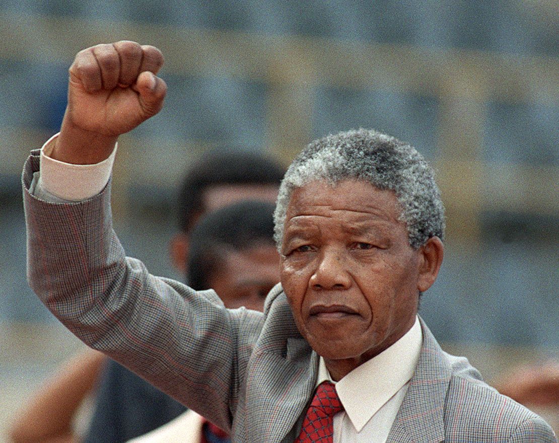 Nelson Mandela prepares to address a rally just a few days after he was released from prison, in February 1990. 
