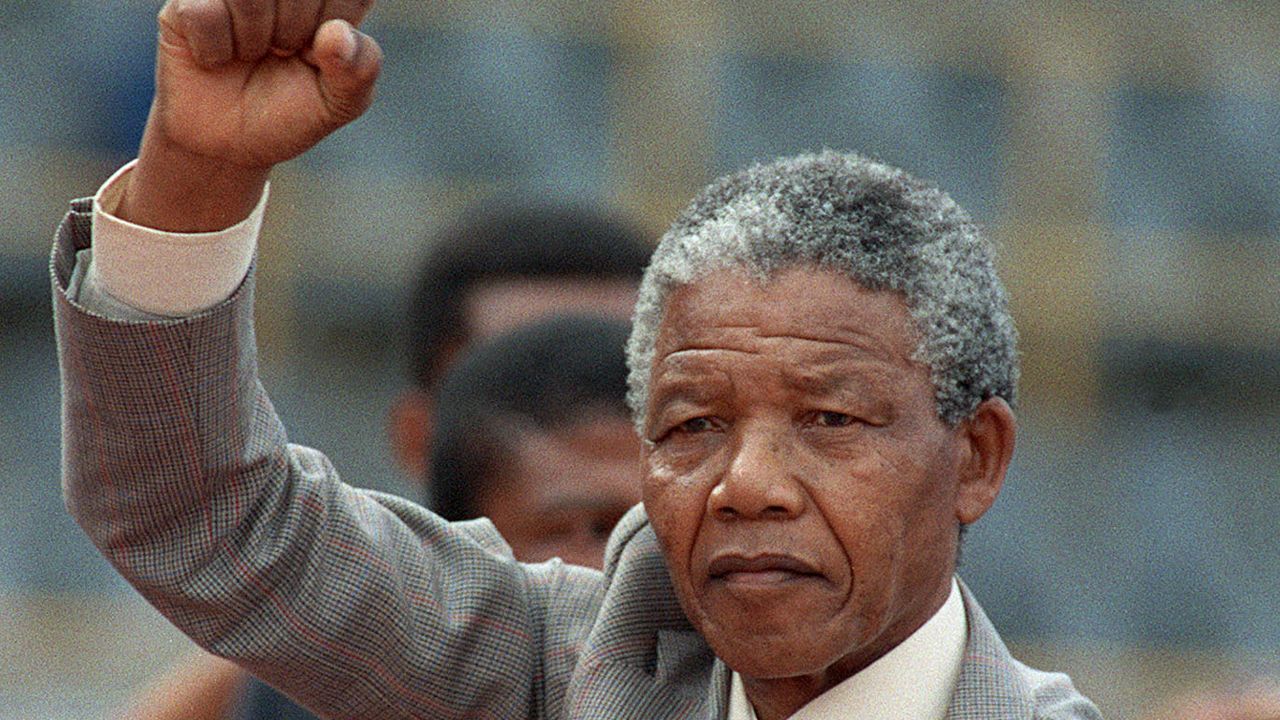 Nelson Mandela prepares to address a rally just a few days after he was released from prison, in February 1990.